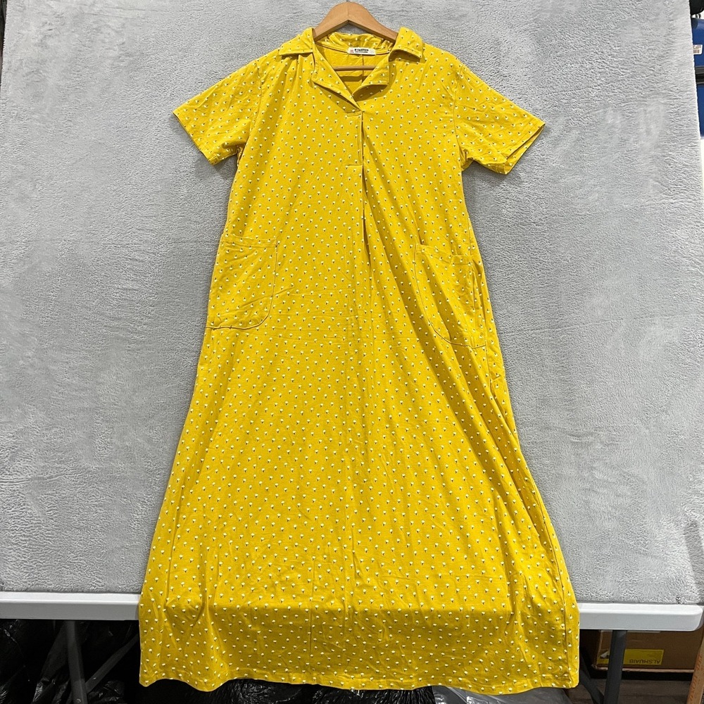 M Fashion Maxi Dress Womens Large Yellow White Floral AOP Short Sleeve Pockets